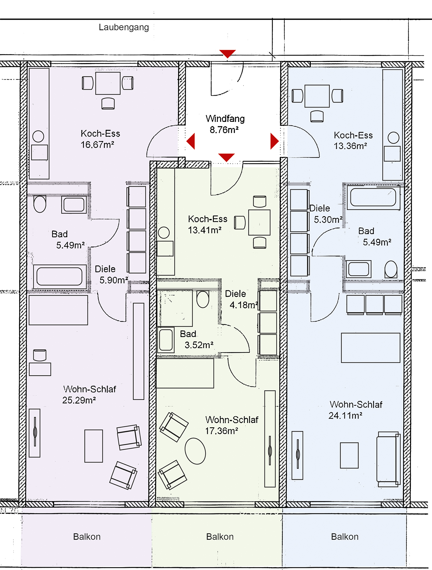 wg1: Grundriss von 3 nebeneinander liegenden Wohnungen in 2 Größen (ca. 52qm und 42 qm) mit großem Balkon